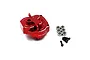 A red anodized aluminium gearbox case for an RC car by Yeah Racing, including six small ball bearings and four black screws.