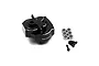 A black aluminium gearbox case for RC cars by Yeah Racing, including six ball bearings and four black screws, set against a white background.