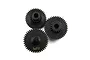 Three black steel transmission gears for RC cars, featuring the Yeah Racing logo on one gear, isolated on a white background.