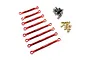 Yeah Racing red aluminium linkage upgrade set including various lengths of rods, small black O-rings, and brass pivot balls on a white background.