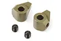 Two gunmetal aluminium front caster blocks and two small grub screws for RC cars.