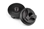 Two black metal HD front hub nuts for HPI Baja 5SC RC car, shown from different angles on a white background.