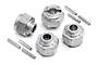 Four silver metal wheel hex hubs and four small metal drive pins for HPI Savage XS RC cars.