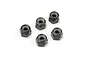 Five black steel 4mm nyloc nuts arranged on a white background.
