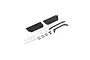 Pro Boat Aerotrooper rudder set components including two black rudder blades, carbon fiber control arms, metal pushrods, and various small hardware pieces.