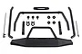 A set of black plastic RC car bumper parts, including a main bumper, bull bar, mounting brackets, and hardware, laid out on a white background.