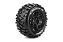 A single Louise X-Mallet RC monster truck tyre mounted on a black spoked plastic rim, featuring aggressive tread patterns and white sidewall branding.