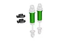 Two green anodized aluminium RC shock bodies with white plastic caps and two black plastic spring spacers on a white background.