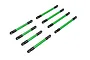 A set of seven green anodized aluminium suspension links with black plastic rod ends for Traxxas RC vehicles.