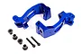 A pair of blue anodized aluminum C-hub carriers for Traxxas RC vehicles, including four small black bushings and two black screws.