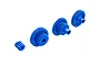 A set of four blue plastic RC transmission gears, including one small pinion gear and three larger compound gears, arranged diagonally on a white background.