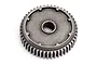A grey steel spur gear for an RC vehicle, featuring a central hole and gear teeth around the outer edge, isolated on a white background.