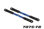 Two blue anodized aluminium rear camber linkages with black plastic rod ends on a white background.
