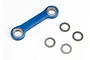 A blue anodized aluminium steering link with pre-installed bearings and three small metal washers on a white background.
