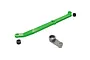 Traxxas green aluminium steering link with a metal servo horn and two small black bushings on a white background.