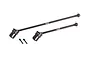 Two black steel Traxxas CVD driveshafts with two small grub screws on a white background.