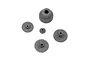 A set of five grey plastic replacement servo gears for a Traxxas RC vehicle, arranged on a white background.