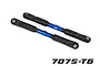 Two Traxxas blue anodized aluminium adjustable toe linkages with black plastic rod ends on a white background.