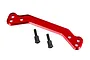 A red anodized aluminium drag link for Traxxas RC vehicles, shown with two black metal mounting screws on a white background.