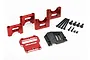 Traxxas red aluminium centre differential mount set including metal brackets, a red plate with Traxxas logo, a black plastic cover, and various screws.