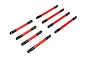 A set of seven red anodized aluminium suspension links with black plastic rod ends for Traxxas RC vehicles.