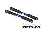 Two blue anodized aluminium camber linkages with black plastic rod ends on a white background.