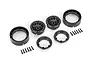 A set of two Traxxas 1.0 inch Method Race black beadlock rims, including inner and outer rings and mounting screws, arranged on a white background.