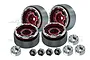 Set of four red and black beadlock rims for RC crawler cars, including wheel hex adapters and hardware on a white background.