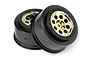 Two HPI Racing Blitz Mk.8 V2 RC short course wheels with black outer rims and gold-finished centers against a white background.