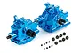 Two bright blue anodized aluminium RC gearbox housings with included screws on a white background.