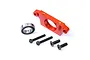 An orange anodized aluminium spur gear bearing mount for an RC car, including a metal ball bearing and four black hex screws.