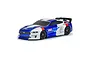 A pre-painted Protoform 1/8 scale 2021 Ford Mustang RC body shell in blue, white, and red livery with racing decals on a white background.