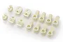 A set of white nylon RC sway bar mounts and rod ends arranged on a white background.