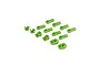 A set of bright green nylon RC sway bar mounts and rod ends arranged on a white background.