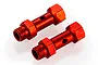 Two red anodized aluminium front double axle extenders for RC cars on a white background.