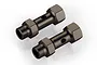Two gunmetal grey aluminium front double axles for an RC car, shown from an elevated angle against a white background.
