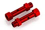 Two red anodized aluminium rear double axles for RC vehicles, shown against a white background.