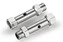 Two silver aluminium rear double axles for RC cars, shown from an angled perspective against a white background.