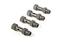 Four gunmetal grey aluminium RC wheel axles arranged in a row on a white background.