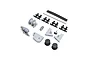 A collection of grey and black plastic scale model boat accessory parts for the Pro Boat Tug 30, including winches, bollards, and railings.