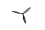 A black three-blade RC airplane propeller with yellow tips, viewed from the front against a white background.