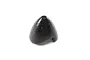 A black, three-blade RC airplane spinner cone isolated on a white background.