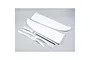E-Flite white foam wing set for RC plane including wing panels, carbon fiber spar, plastic control horns, and hardware on a grey background.
