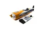E-Flite RC plane fuselage in white, orange, and grey, with a separate horizontal stabilizer and small hardware components on a white background.