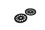 Two black plastic helical main gears for an RC helicopter, shown from an angled perspective against a white background.