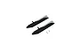 A set of two black and grey RC helicopter main rotor blades with mounting hardware on a white background.