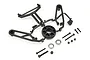 HPI Savage XS wheelie bar set including black plastic parts on a sprue, a wheel, two ball bearings, and various screws and nuts.