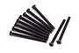 A set of ten black metal countersunk head screws with hex drive sockets, arranged on a white background.