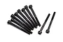 A set of ten black metal cap head screws with fine threading, arranged on a white background.