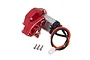 An Integy red anodized aluminium gearbox assembly with an attached electric motor, wiring, and three mounting screws on a white background.